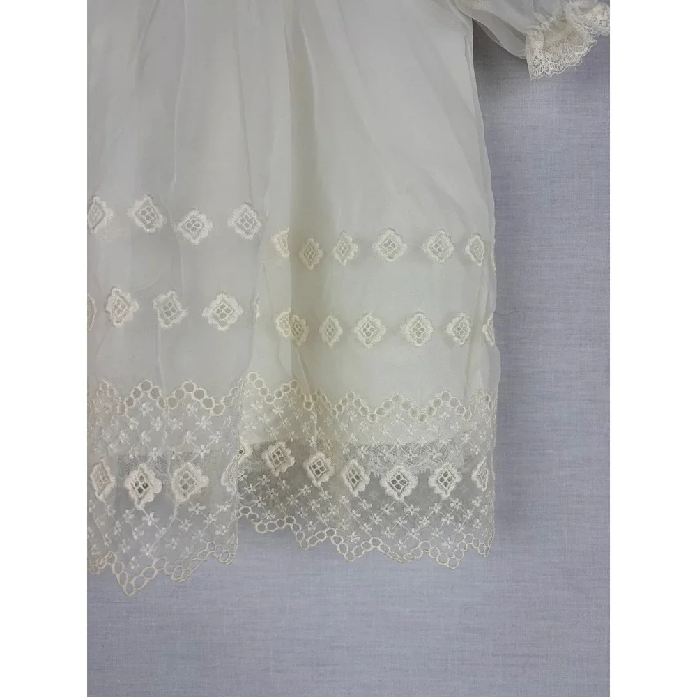 Vintage‎ White Sheer Embroidered Baby Christening Gown Lace Trim Ribbon Tie 9M